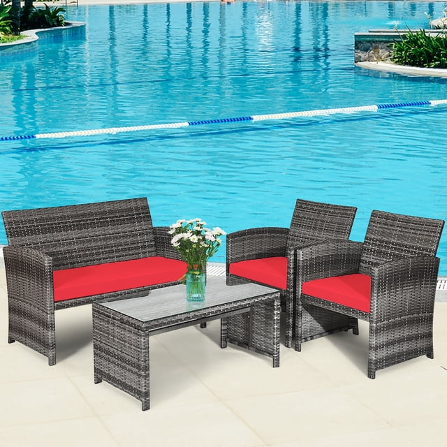 Patiojoy Ensemble de Mobilier de Patio Extérieur 4 Pcs, Ensemble de conversation en Rotin Osier Gris Mixte avec Coussins Rouges. Comprend Deux sofas Simples, un Causeuse et une table Basse avec un Dessus de table en Verre Trempé Détachable. Parfait pour s'Asseoir à l'Extérieur dans les Jardins, les Cours Arrière Ou les Balcons, Montré au Bord de la Piscine sur un Patio Carrelé.