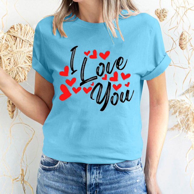 Pisexur Valentines Day T-shirt Top T-shirt à Manches Courtes Imprimé Amour de la Saint-Valentin pour Femmes, Col Rond