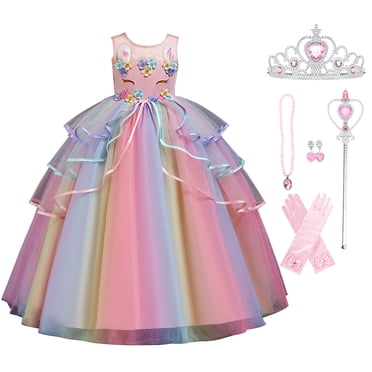 HAWEE Robe de Princesse Licorne pour Filles, Déguisement de Fête Chic, Robe de Fête de Mariage et d'Anniversaire pour 3 à 14 Ans