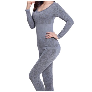 Lixiuxyad 2Pcs Women's Thermal Underwear Set Cotton Lightweight Top & Bottom Gray