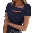 thumbnail image 1 of Lenpel T Shirts for Women Fashion Summer Short Sleeve Cutout Ribbed Knit Solid Color Slim Basic Tees Going out Tops, 1 of 7