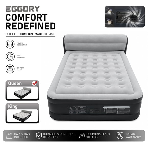 EGGORY Matelas Pneumatique Grand 34 Pouces avec Tête de Lit, Matelas Air Bed Surélevé de Luxe avec Pompe Intégrée pour le Camping, les Voyages et la Maison
