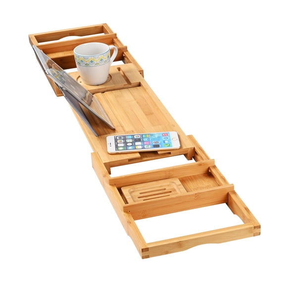 Bathtub Tray Caddy, Expandable Bath Tray, Bamboo Bath Table with Reading Rack, Slide-in Glass Holder and Phone Holder