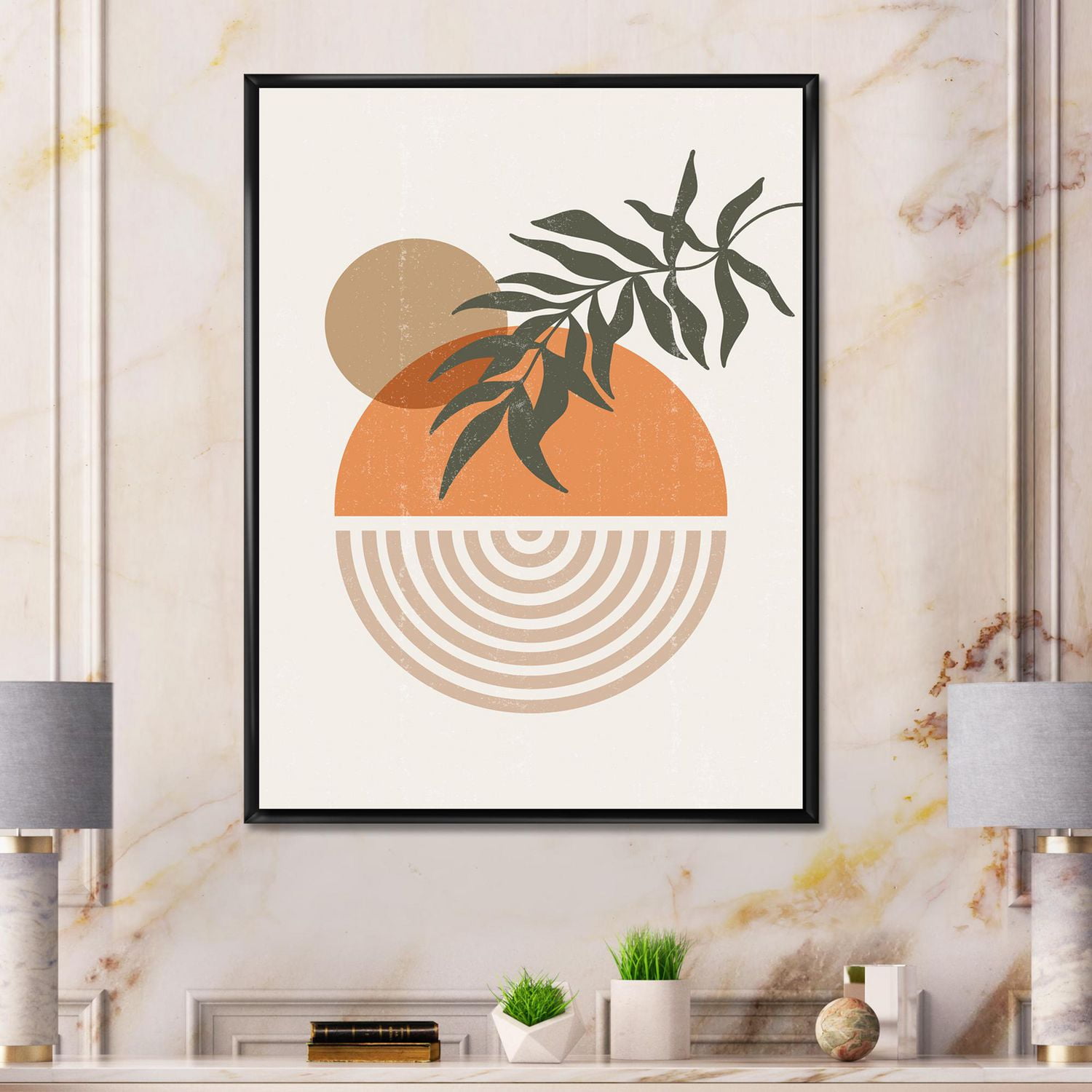 Designart Soleil géométrique abstrait et lune avec feuille I ART MURAL À CADRE FLOTT