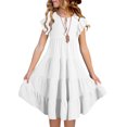 thumbnail image 4 of Qertyioot Robes pour Filles à Manches Volantées, Robe d'Été Trapèze Décontractée, Robe Midi Évasée à Étages avec Poches, 4 of 7