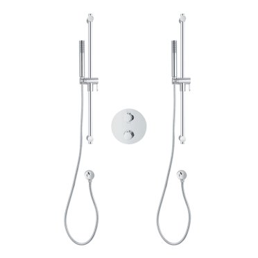 Round 3-function thermostatic valve, 2 handhelds  showers, or simultaneously, Chrome finish