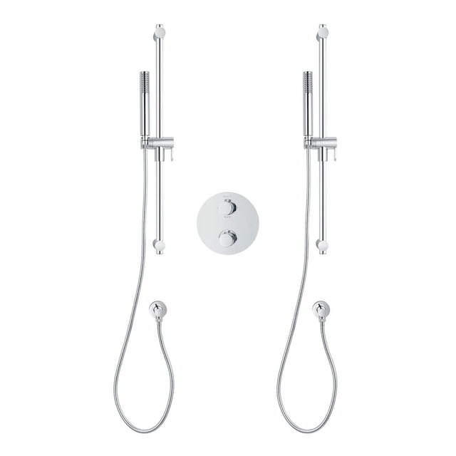 Round 3-function thermostatic valve with chrome finish featuring two handheld showers on adjustable 31.5-inch stainless steel posts with anti-limescale gel nozzles, flexible 59-inch double interlocking stainless steel hoses, brass elbows, and pressure balance valve for simultaneous or individual shower use.