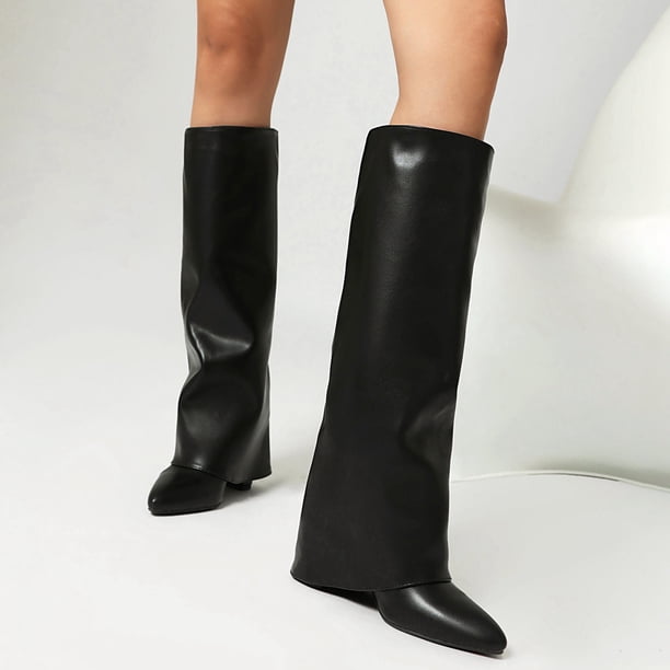 Knee High Fold over Boots for Women Winter Fall Leather Pointed