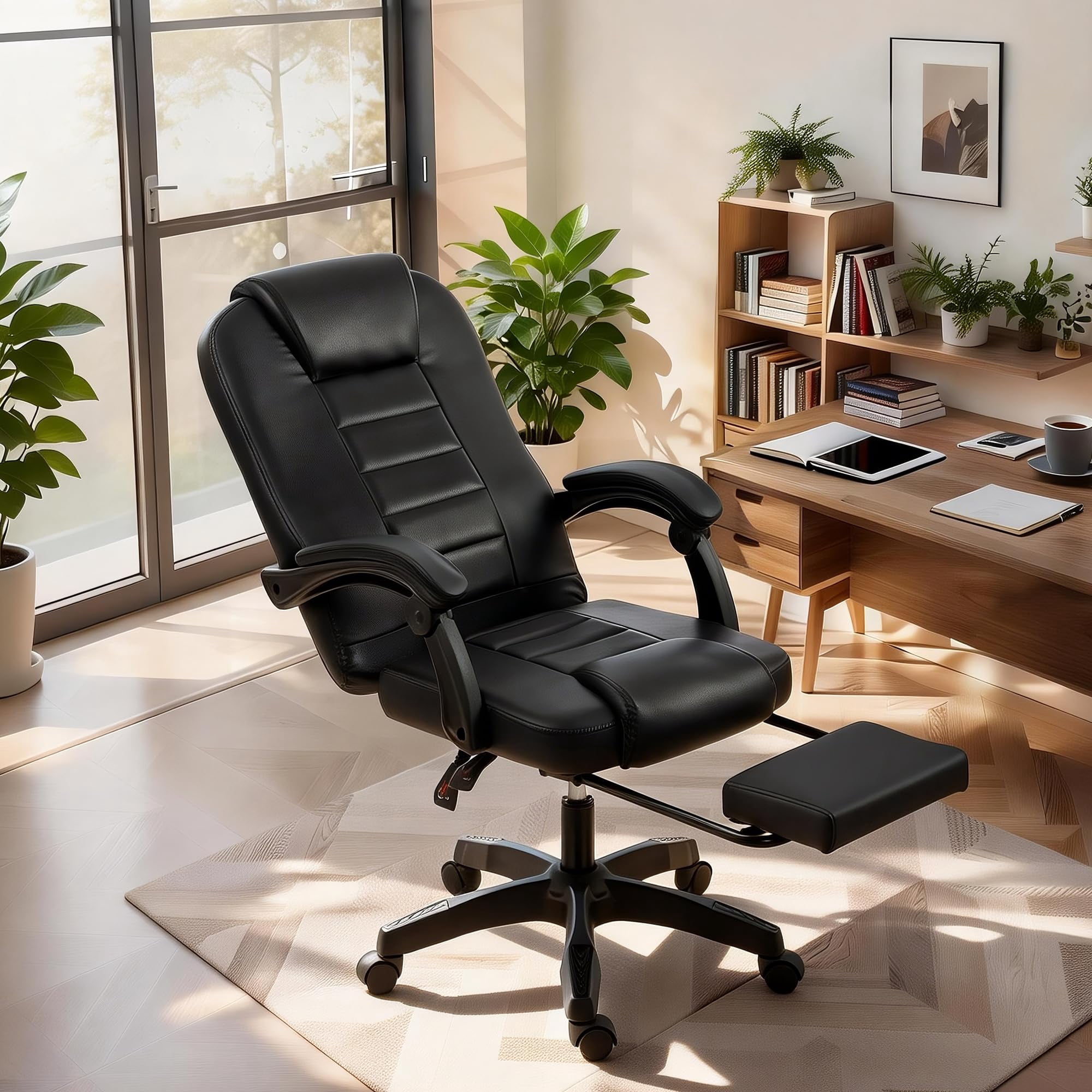 BeesClover Ergonomic Office Swivel Chair, PU Leather Office Chair with Adjustable Lumbar Support & Tilt Function, Comfortable Ergonomic Chair with Silent Castors for Home Office or Workspace