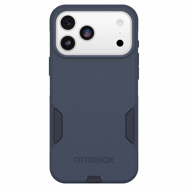 OtterBox Commuter MagSafe Case w/Camera Control Riverside (Blue) for iPhone 17 Pro Max with a slim, dual-layer blue design featuring textured sides for secure grip, raised bumpers protecting the triple camera, port covers blocking dust, and built-in magnets for MagSafe charging, tested to exceed 3X military drop standards for rugged everyday protection.