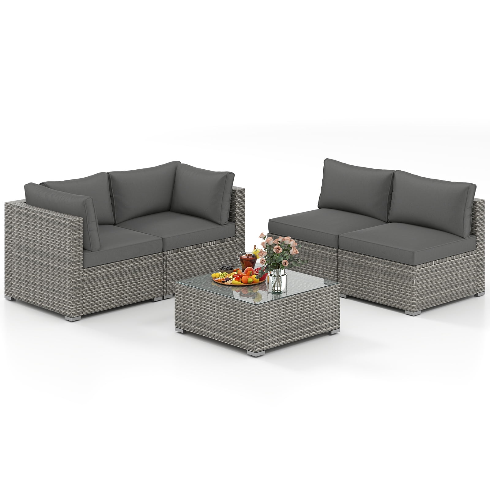 Gymax Ensemble de Conversation Extérieur en Rotin PE pour Canapé Sectionnel de Patio 5 Pcs Gris