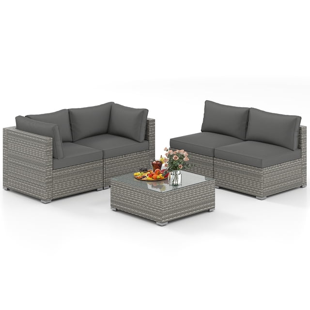 Gymax 5PCS Patio Sectional Sofa Couch PE Rattan Conversation Set Outdoor Gray