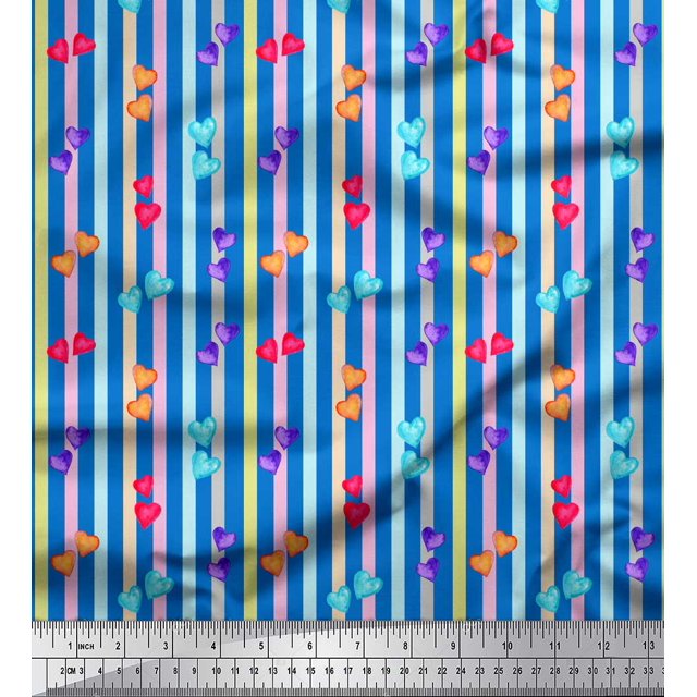 Soimoi Blue Modal Satin Fabric Heart Stripe Decor Fabric Printed Yard 42 Inch Wide