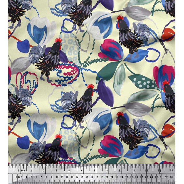 Soimoi Rayon Fabric Floral & Cock Watercolor Fabric Prints by Yard 56 Inch Wide