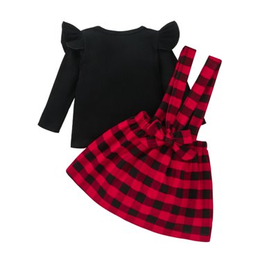 Wangscanis Ensemble 2 Pcs pour Tout-Petit, T-Shirt à Manches Longues + Jupe à Bretelles à Carreaux