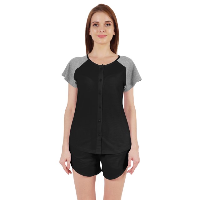Inkmeso Solid 2 Pc Nightwear Set For Women Raglan Sleeves Button-Down Top & Shorts Sleepwear-62