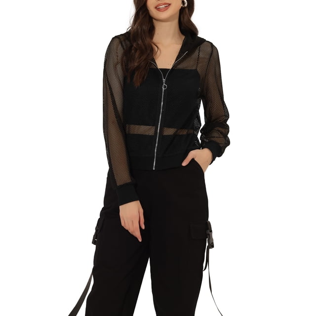 INSPIRE CHIC Ribbed Cuffs Jacket for Women Hoodie Mesh Bomber Jacket XL Black. This lightweight bomber jacket features a black mesh design with a zip-up front, long sleeves, ribbed cuffs, and a hoodie with a stand collar. Made of 100% polyester, it is suitable for spring, summer, and autumn, ideal for casual outings, beach days, or sporty occasions. The XL size measures 49 1/4 inches in chest girth, 18 1/4 inches in shoulder width, and 21 inches in total length.