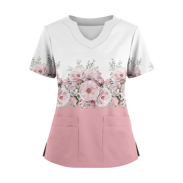 Ktyne Tuniques Médicales pour Femmes à Col en V, Hauts de Sarrau à Manches Courtes Extensibles, Blouse d'Infirmière Décontractée avec Poches, Rose, TTG