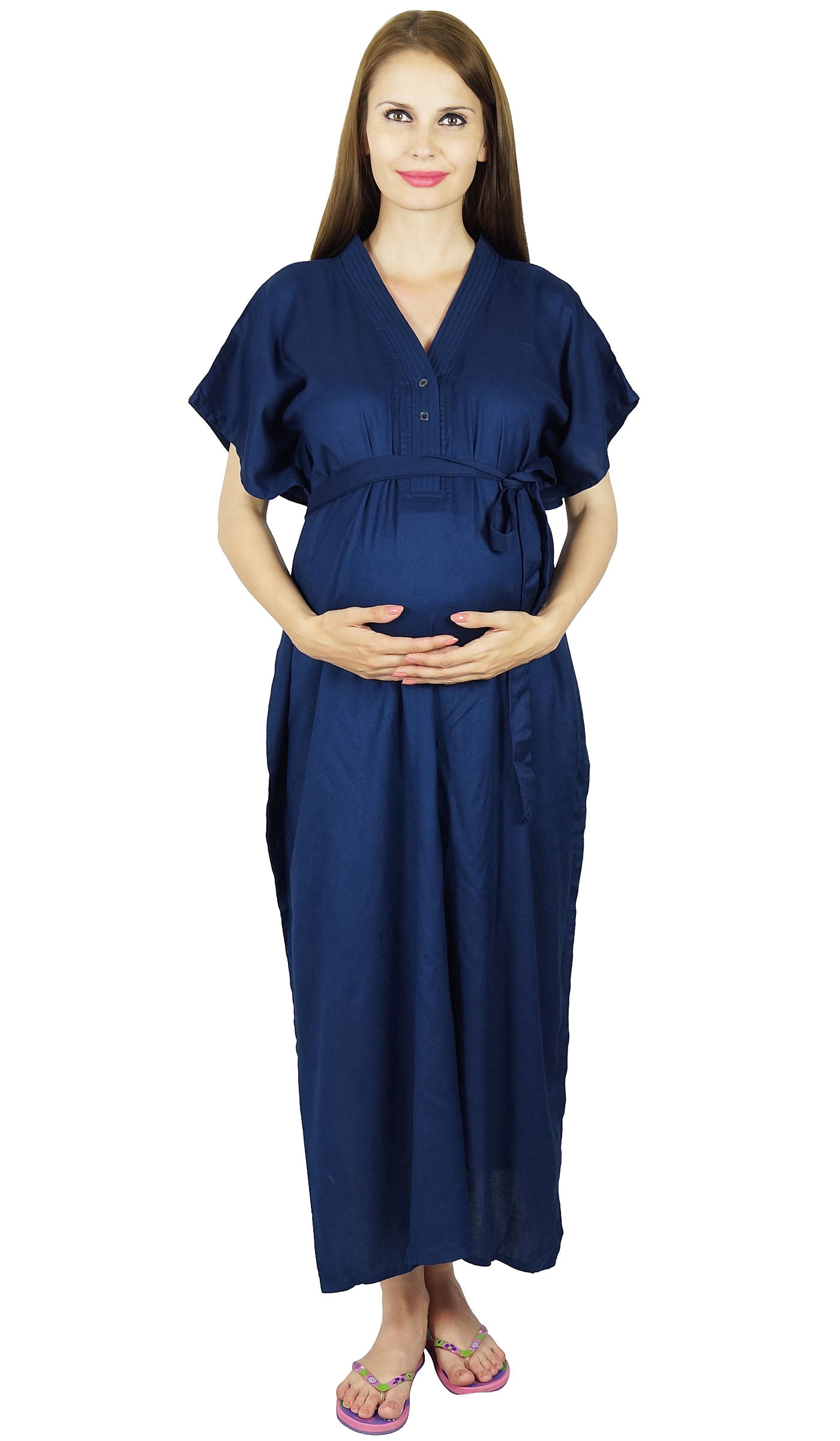Bimba Maternity Hospital Kaftan With Belt Rayon Nursing Night Gown| Front & Back Buttons