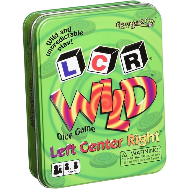 Lcr Wild dice game in a green metal tin with colorful L, C, R dice icons and wild lettering, designed for 3 or more players aged 8 and up, featuring interactive and unpredictable left center right gameplay.