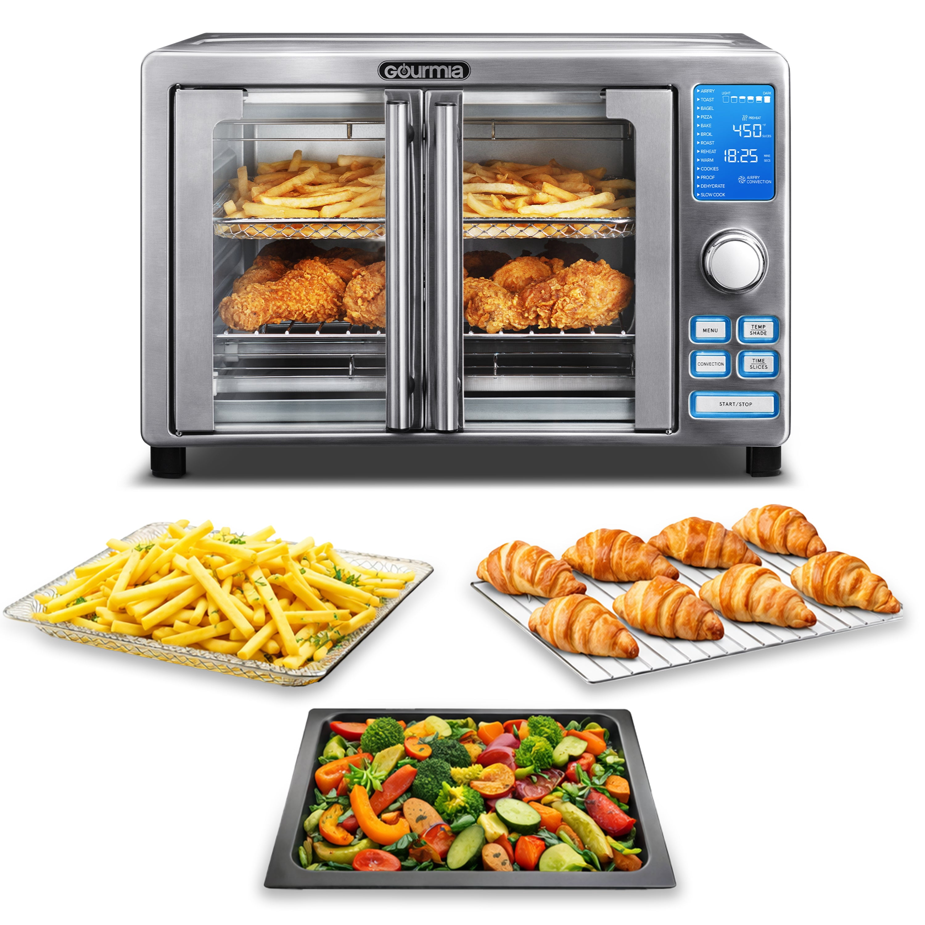 Gourmia Air Fryer French Door Toaster Oven - 6-Slice Capacity, LED Display, 14 Presets, Stainless Steel