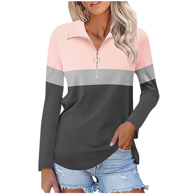 Plebaso Chemises à Manches Longues pour Femmes à Blocs de Couleur Quart Zip Hauts Décontractés Col Pull Blouses pour Femmes