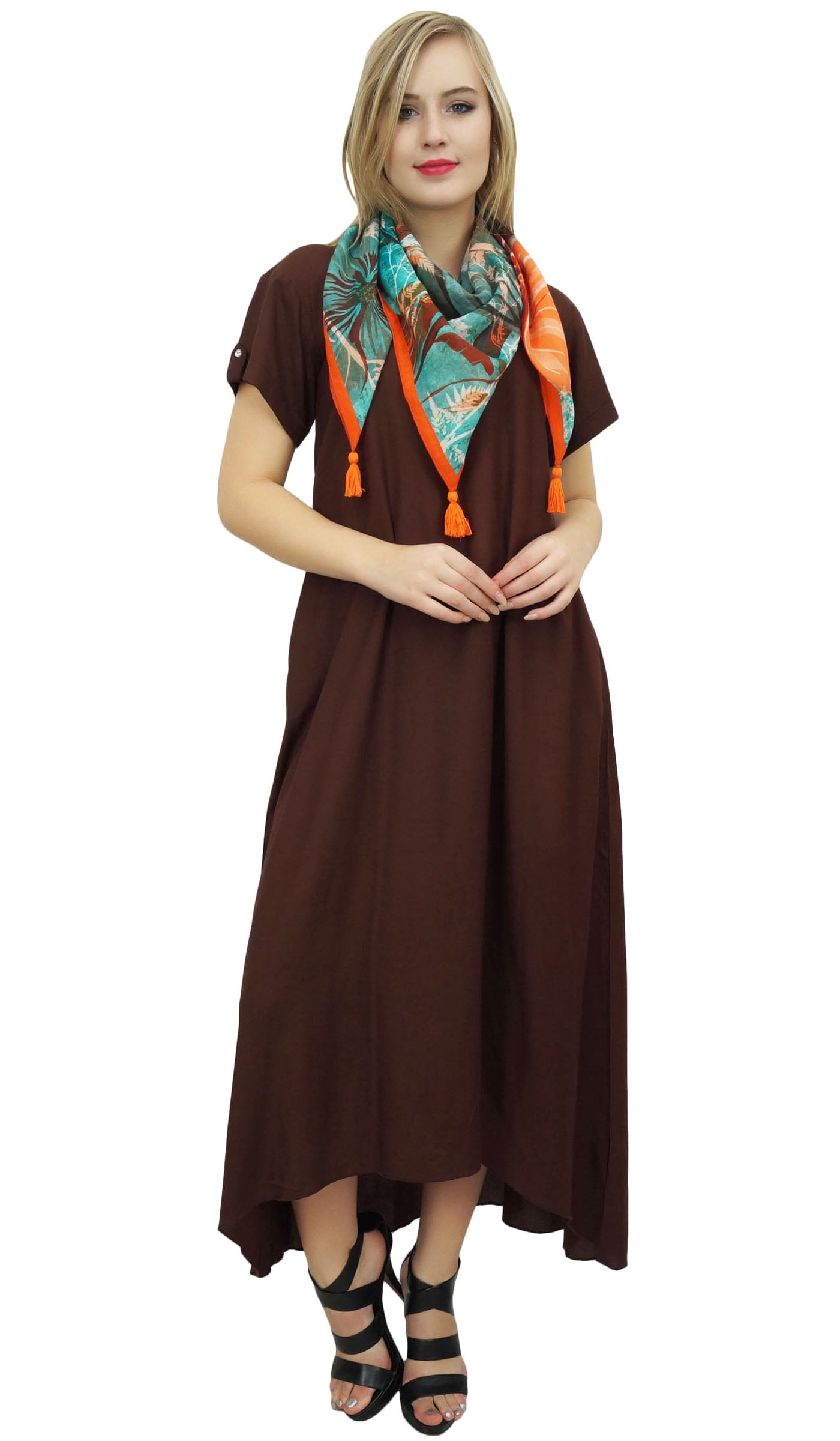 Bimba Robe d'Été à Ourlet Asymétrique avec Poches pour Femme Brun Maxi avec Foulard-18