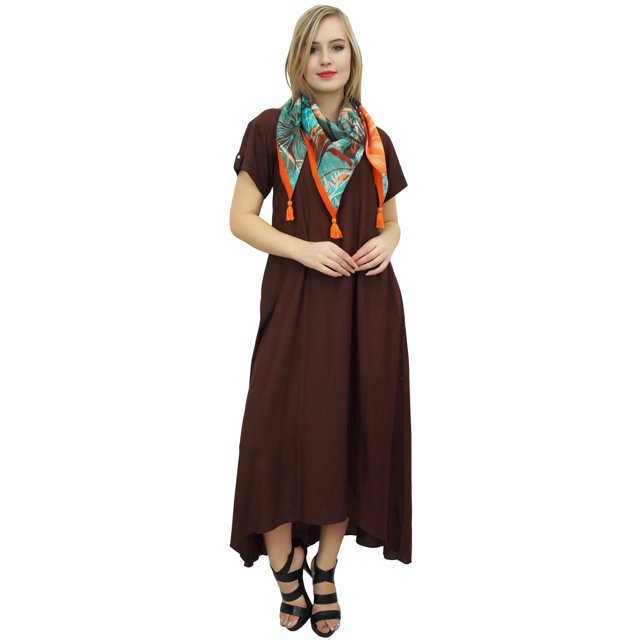 Bimba Robe d'Été à Ourlet Asymétrique avec Poches pour Femme Brun Maxi avec Foulard-18