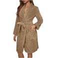 thumbnail image 1 of Womens Plush Fleece Robe Knee Length Cozy Fuzzy Bathrobe with Belt Shawl Collar Warm Soft Towel Robes Khaki, S, 1 of 4