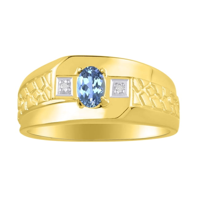 RYLOS Men's Rings 14K Yellow Gold Classic Nugget 6X4MM Oval Gemstone & Diamond Ring Blue Topaz December Birthstone Rings Size 8