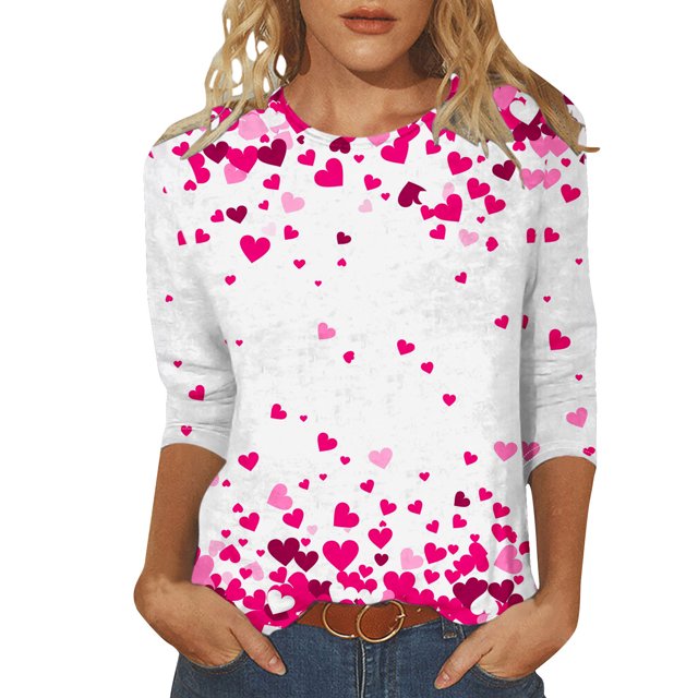 Penkiiy T-Shirt de la Saint-Valentin pour Femmes Manches 3/4 Col Rond Mignon Cœurs Graphiques T-Shirts Mode Décontractée Blouse 5TG Multicolore