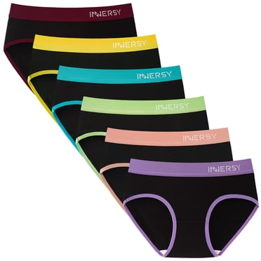 INNERSY Big Girls' Underwear Cotton Full Briefs Contrasting Color Panties for Teens 6 Pack(10-12years,Black with Color Band)