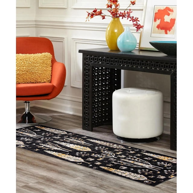 ECARPET Washable Boho Chic Area Rug for Bedroom, Living Room, Kids Room, Nursery as a low-pile runner rug with intricate floral and geometric aqua patterns on a soft polyester base, placed on light wood flooring in a modern room with an orange swivel chair, yellow textured pillow, black lattice console table, white round ottoman, and decorative vases, ideal for high-traffic areas and easy maintenance.