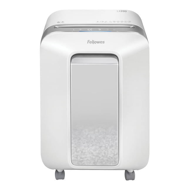 Fellowes Powershred® LX200 Micro-Cut Shredder in white with a front-facing view showing a transparent bin window filled with shredded micro-cut paper, top control panel with icons, and caster wheels for mobility, featuring jam-proof and SafeSense technology ideal for office and school shredding.
