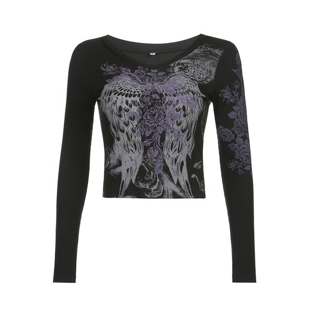 goowrom T-shirt Décontracté à Manches Longues pour Femmes, Imprimé Vintage de Plumes, Ailes et Fleurs, Col Rond
