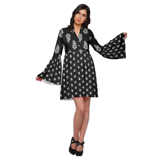 Moomaya Robe à Manches Longues Évasées pour Femmes, Décontractée, Imprimée, d'Été, Plissée, Kurta