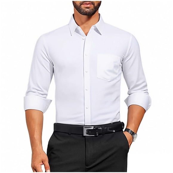 Timegard Men’s Dress Shirts Long Sleeve Loose Fitting Stretch Work Shirts Tops Business Casual Button down Shirt,White,L
