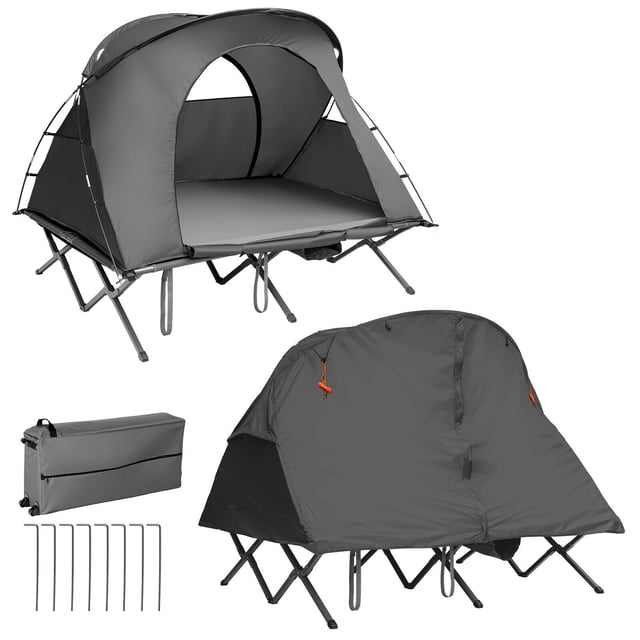 Gymax 2-Person Outdoor Camping Tent Cot Elevated Compact Tent Set in grey, featuring a double-layer design with a ventilated inner and waterproof outer layer. The set includes an elevated cot, self-inflating mattress with pillow, external cover, and a wheeled storage bag. The tent measures 6.5 ft x 4.8 ft x 5.2 ft and supports up to 660 lbs. Additional features include mesh windows for ventilation, a side pocket for phones, and a shoe storage bag. Ideal for summer and winter camping.
