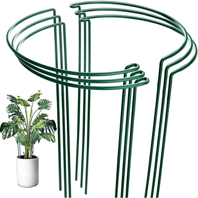 6 Pack Plant Support Stakes, featuring green half-round metal rings designed for potted plants like tomatoes and hydrangeas. Made of 4 mm diameter iron wire with a powder-coated surface for durability, each stake measures 25 cm (10 inches) in width and 40 cm (15.8 inches) in height. These sturdy supports help plants grow upright, prevent vines from spreading, and protect against strong winds and heavy rain. The natural green color blends seamlessly with plants, and the stakes are easy to assemble by attaching two pieces together.
