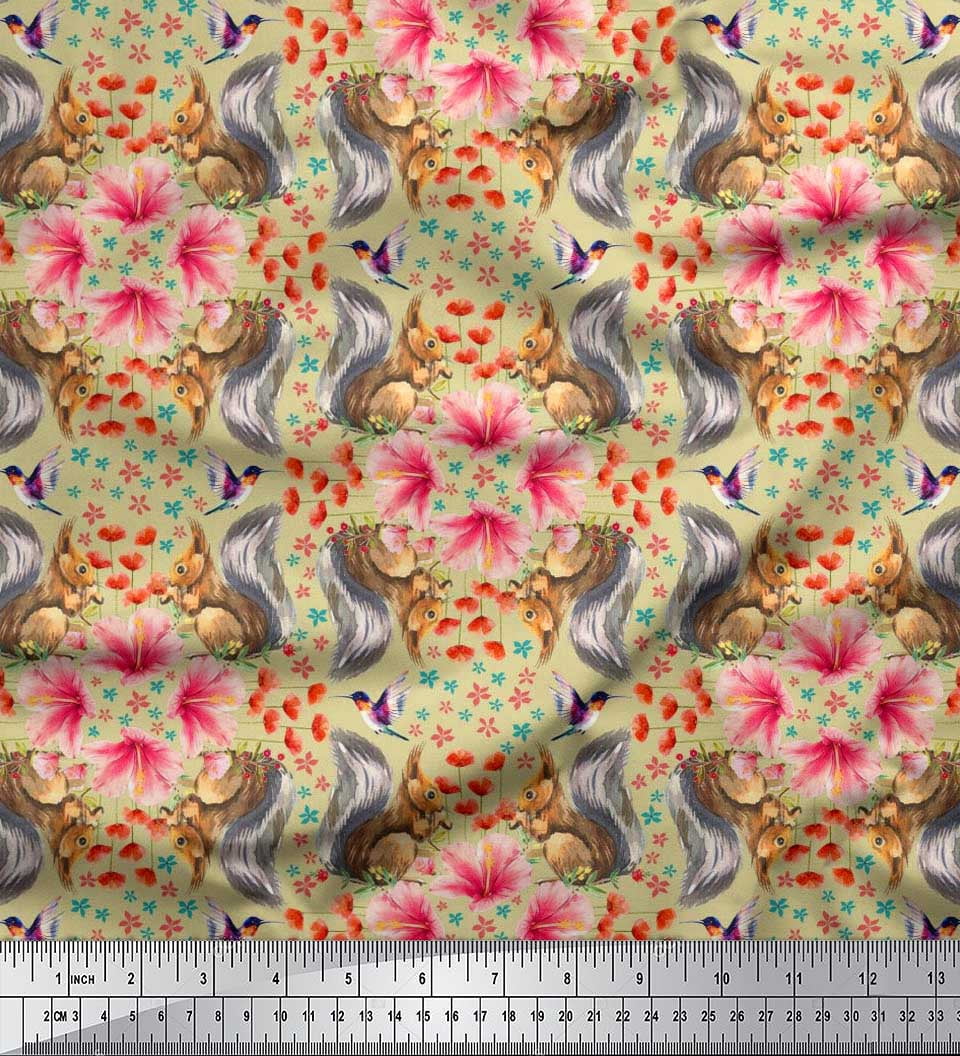 Soimoi Rayon Fabric Floral,Hummingbird & Squirrel Animal Print Fabric by Yard 42 Inch Wide