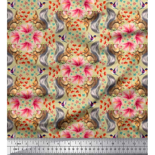 Soimoi Rayon Fabric Floral,Hummingbird & Squirrel Animal Print Fabric by Yard 42 Inch Wide