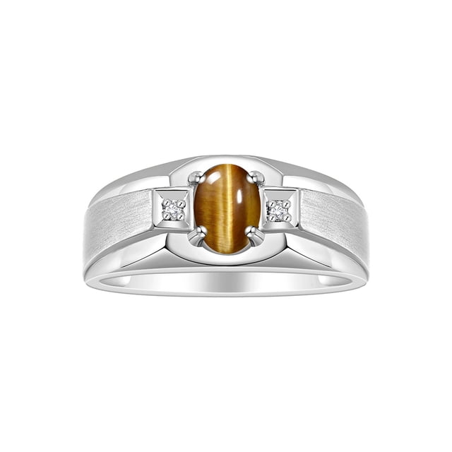 RYLOS Men's Rings Sterling Silver Classic 7X5MM Oval Gemstone & Diamond Ring Tiger Eye November Birthstone Rings For Men, Silver Rings, Size 11