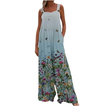 RKSTN Combinaisons pour Femmes Décontractées Boutons Sans Manches Pantalon à Jambe Grand Bohème Imprimé Floral Plissé Combinaisons Décontractées