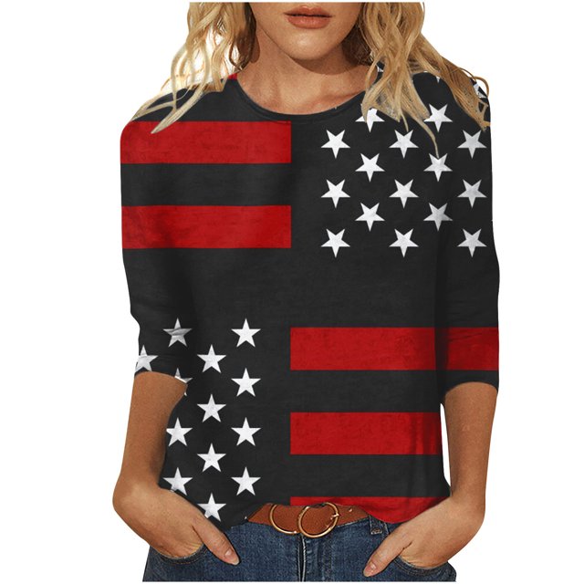 CEHVOM T-shirt Imprimé Mode Femme Jour de l'Indépendance Manches 3/4 Blouse Col Rond Tops Décontractés Liquidation