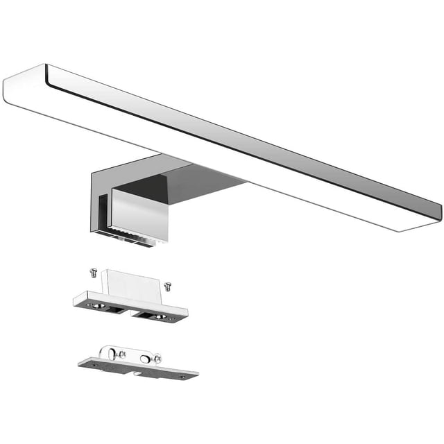 Modern LED rotatable vanity light fixtures in silver aluminum, ideal for bathroom wall lighting. Features a frosted solid hard acrylic shade and a powder-coated matte silver frame. Includes mounting hardware for easy installation and energy-efficient lighting.
