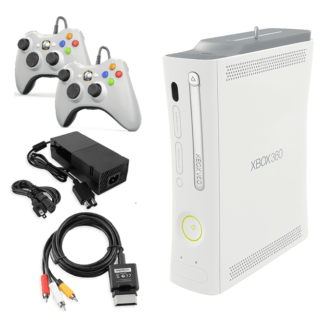Microsoft Xbox 360 Console Original in white, refurbished, displayed with two Retrofam controllers, power adapter, AV cables, and HDMI cable. This classic gaming system offers immersive gameplay, online connectivity, and multimedia features. Perfect for playing iconic games like Halo and Gears of War.