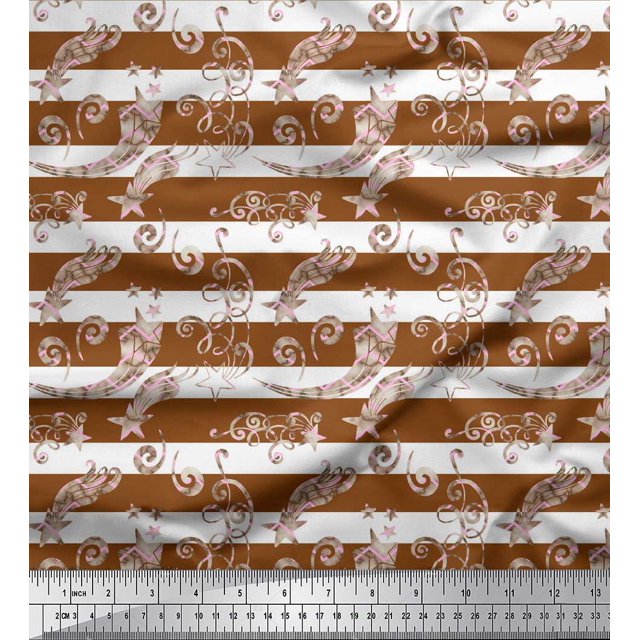 Soimoi Brown Rayon Crepe Fabric Star & Swirls Stripe Print Sewing Fabric Yard 46 Inch Wide