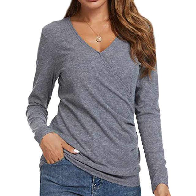 Chemise Unie à Manches Longues avec Boutons Latéraux et Col en V pour Femmes