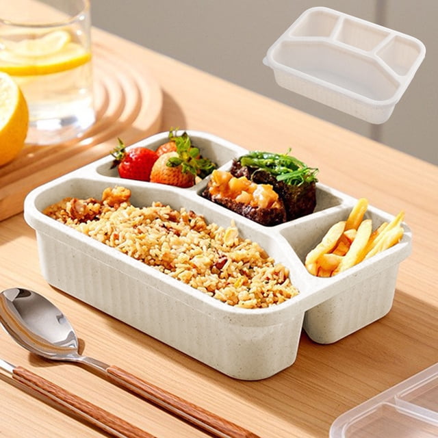 yulier Snack Containers, 4 Compartment Snack Box Bento Snack Containers, Divided Food Storage Containers, Wheat Straw Meal Prep Lunch Box with Lid for Travel Work Picnic, Beige