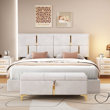 Queen Size Bedroom Set - Upholstered Platform Bed with Hydraulic Storage & Matching Storage Ottoman, Beige Fabric with Gold Accents, Space-Saving Design